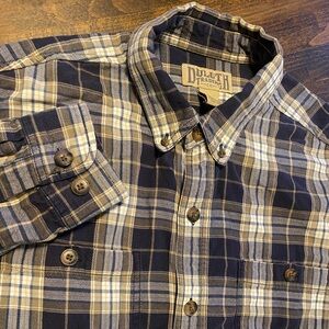 Duluth Trading Co Flannel Shirt Mens Medium M Blue Tan Plaid Cotton Workwear**